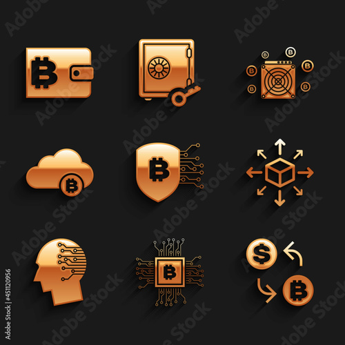 Set Shield with bitcoin, CPU mining farm, Cryptocurrency exchange, Distribution, Brain as digital circuit board and cloud icon. Vector