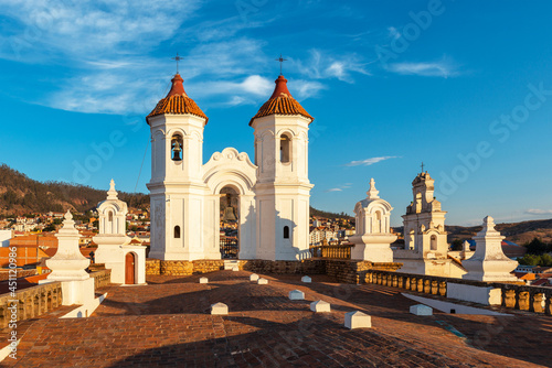 Sucre city sunset from San Felipe Neri church monastery with clock towers, Sucre Department, Bolivia. photo