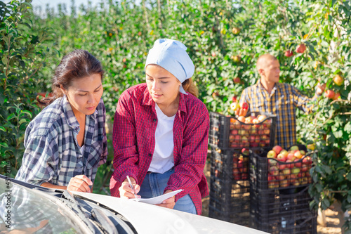 Experienced asian woman farmer standing with her young female partner near car in fruit garden during apple harvest, discussing documents