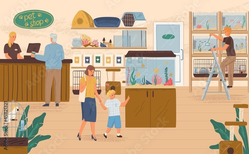 Family with kid buying fish in aquarium in pet shop concept vector illustration. Animal store interior with aquarium and parrot in cage