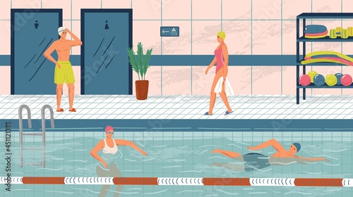 People swim in public swimming pool concept vector illustration set. Sport swimming pool interior. Man and woman swim in water