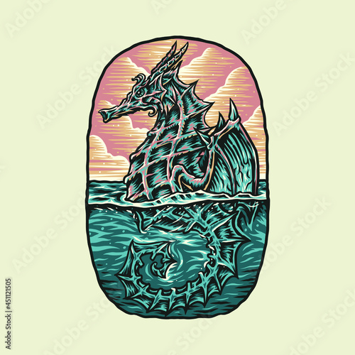 Dragon sea, hand drawn line style with digital color, vector illustration