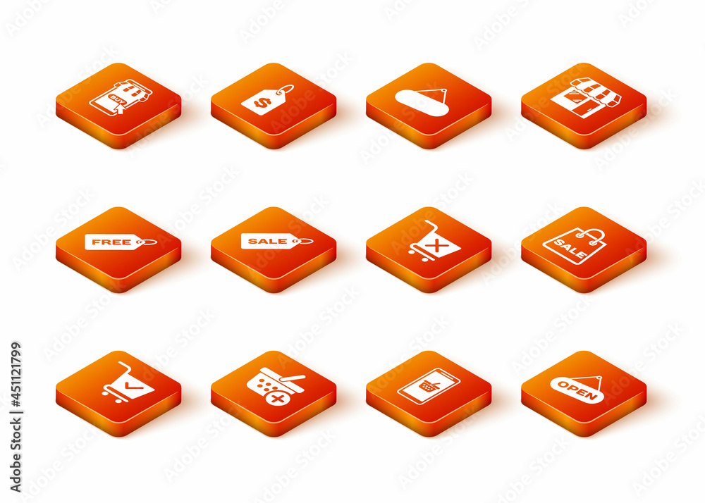 Set Shopping cart with check mark, Add to basket, Price tag Free, Sale, Mobile and shopping, Remove, Hanging sign Open door and bag icon. Vector