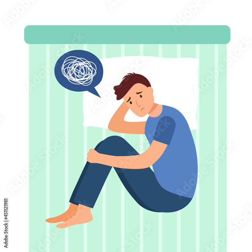 Depression man lying on bed hugging his knees in flat design. Sad guy worry about his problem. Unhappy feeling.