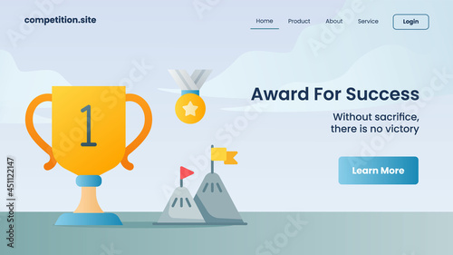 golden trophy and gold medal as award for success with tagline without sacrifice no success for website template landing homepage