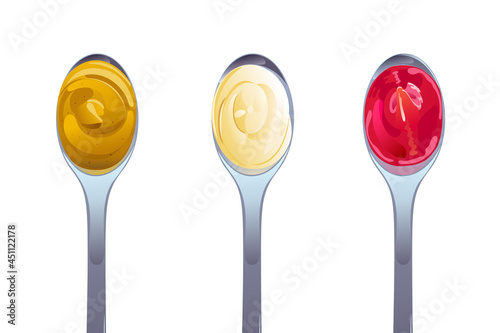 Ketchup, mayonnaise, mustard sauces in the spoons set. Realistic vector illustration isolated on white background.