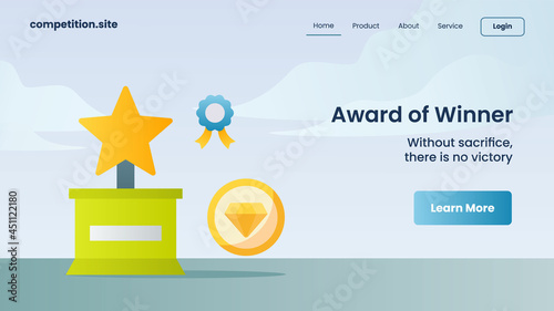 medal, diamond and trophy as award of winner with tagline without sacrifice there is no victory for website template landing homepage