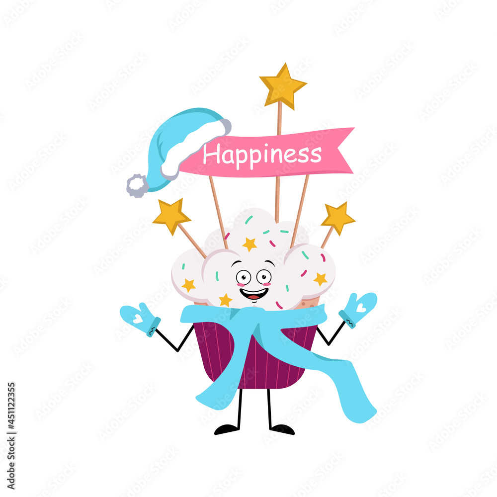 Cute cupcake character with joyful emotions, face, happy eyes, arms and legs. Sweet food with decorations, festive dessert. Happy New Year symbol in a blue Santa hat, scarf and mittens Cute cupcake character with joyful emotions, face, happy eyes, arms and legs. Sweet food with decorations, festive dessert. Happy New Year symbol in a blue Santa hat, scarf and mittens