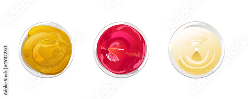 Ketchup, mayonnaise, mustard sauces set. Sauces in ceramic bowls. Realistic vector illustration isolated on white background.