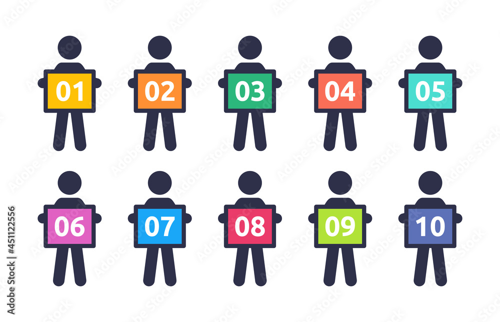 Man holding number 01 to 10 sign icon.