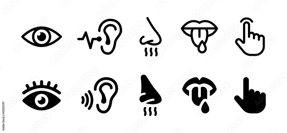 5 senses icon set. Perception symbol such as see, hear, taste, smell and touch. - obrazy, fototapety, plakaty 
