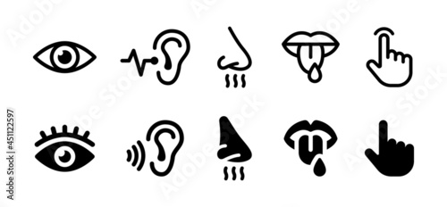5 senses icon set. Perception symbol such as see, hear, taste, smell and touch.