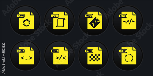 Set XML file document, MP3, XSL, PNG, MSG, JS, GIF and RAW icon. Vector