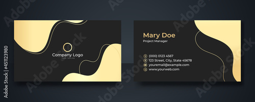 Set of gold black business card background design of standard size with a hand drawn flower and a place for logo, text message and contacts
