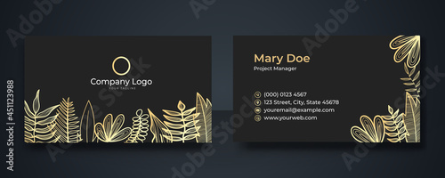 Set of gold black business card background design of standard size with a hand drawn flower and a place for logo, text message and contacts