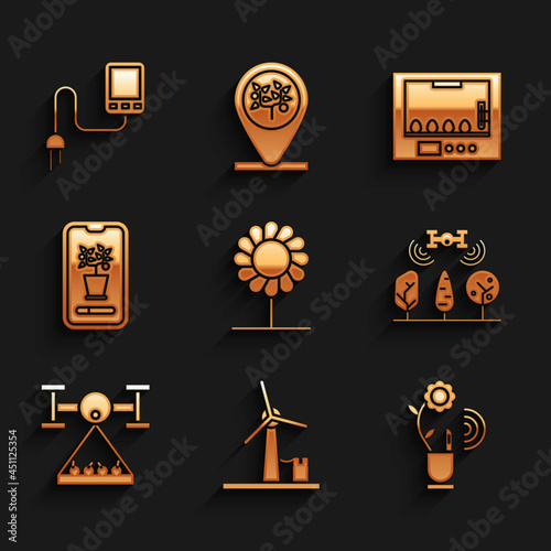 Set Flower, Wind turbine, Smart farming technology, with drone, control system, Incubator for eggs and Sensor icon. Vector