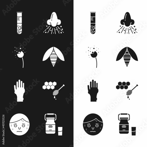 Set Bee, Flower producing pollen, Test tube and flask, Runny nose, Hand with psoriasis or eczema, Honeycomb honey dipper, Can container for milk and Man excessive sweating icon. Vector