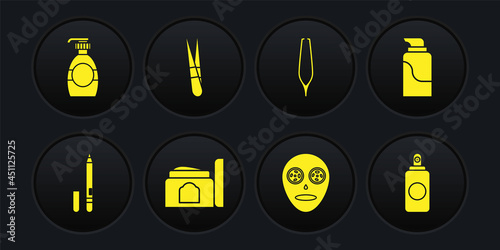 Set Eyeliner, eyebrow, Cream cosmetic tube, Facial mask, Eyebrow tweezers, Spray can and Bottle of liquid soap icon. Vector