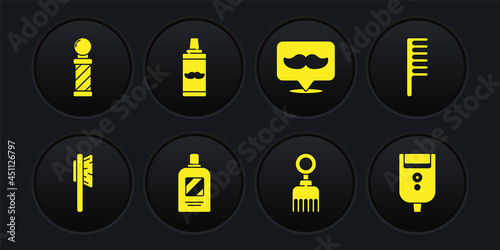 Set Hairbrush, Bottle of shampoo, Barbershop, Shaving gel foam, Electric razor blade for men and Classic pole icon. Vector