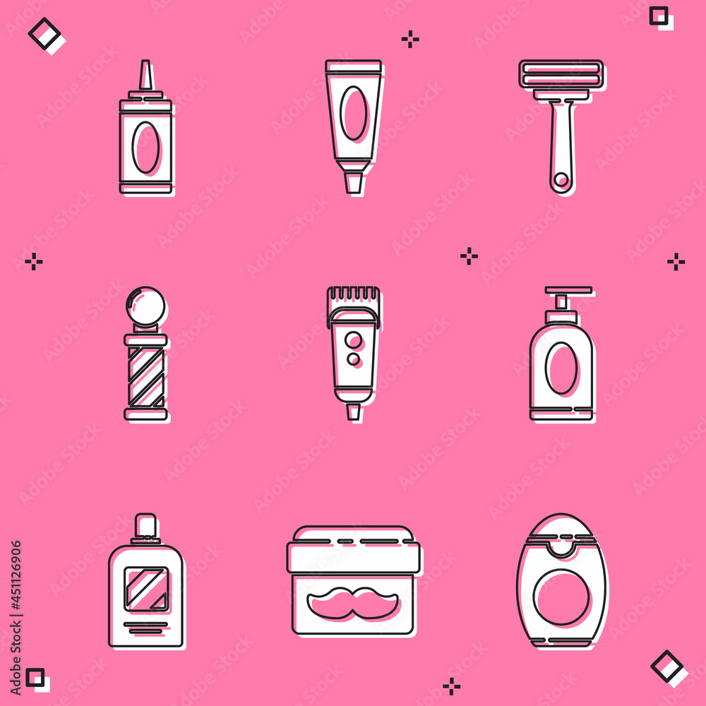 Set Bottle of shampoo, Cream or lotion cosmetic tube, Shaving razor, Classic Barber shop pole, Electrical hair clipper shaver, and jar icon. Vector Set Bottle of shampoo, Cream or lotion cosmetic tube, Shaving razor, Classic Barber shop pole, Electrical hair clipper shaver, and jar icon. Vector