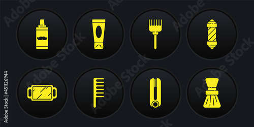 Set Hand mirror, Classic Barber shop pole, Hairbrush, Curling iron for hair, Cream lotion cosmetic tube, Shaving and gel foam icon. Vector