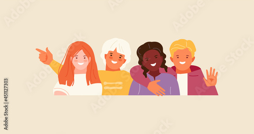 Hugging smiling multicultural children. Kids friendship vector illustration