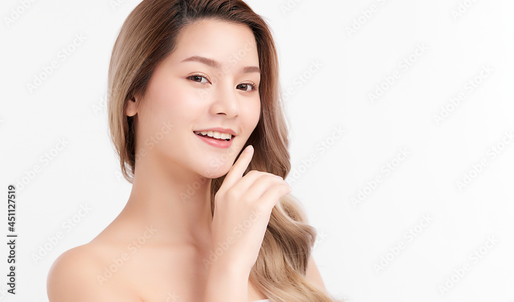 Beautiful young asian woman with clean fresh skin on white background, Face care, Facial treatment, Cosmetology, beauty and spa, Asian women portrait.