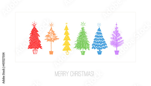 Christmas greeting card with ranbow christmas trees on white background.