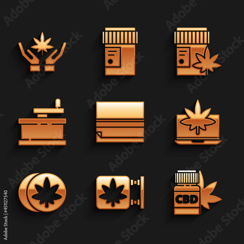 Set Rolling paper, Marijuana and cannabis store, Medical bottle with marijuana, Laptop, Herbal ecstasy tablets, Manual grinder, and leaf icon. Vector