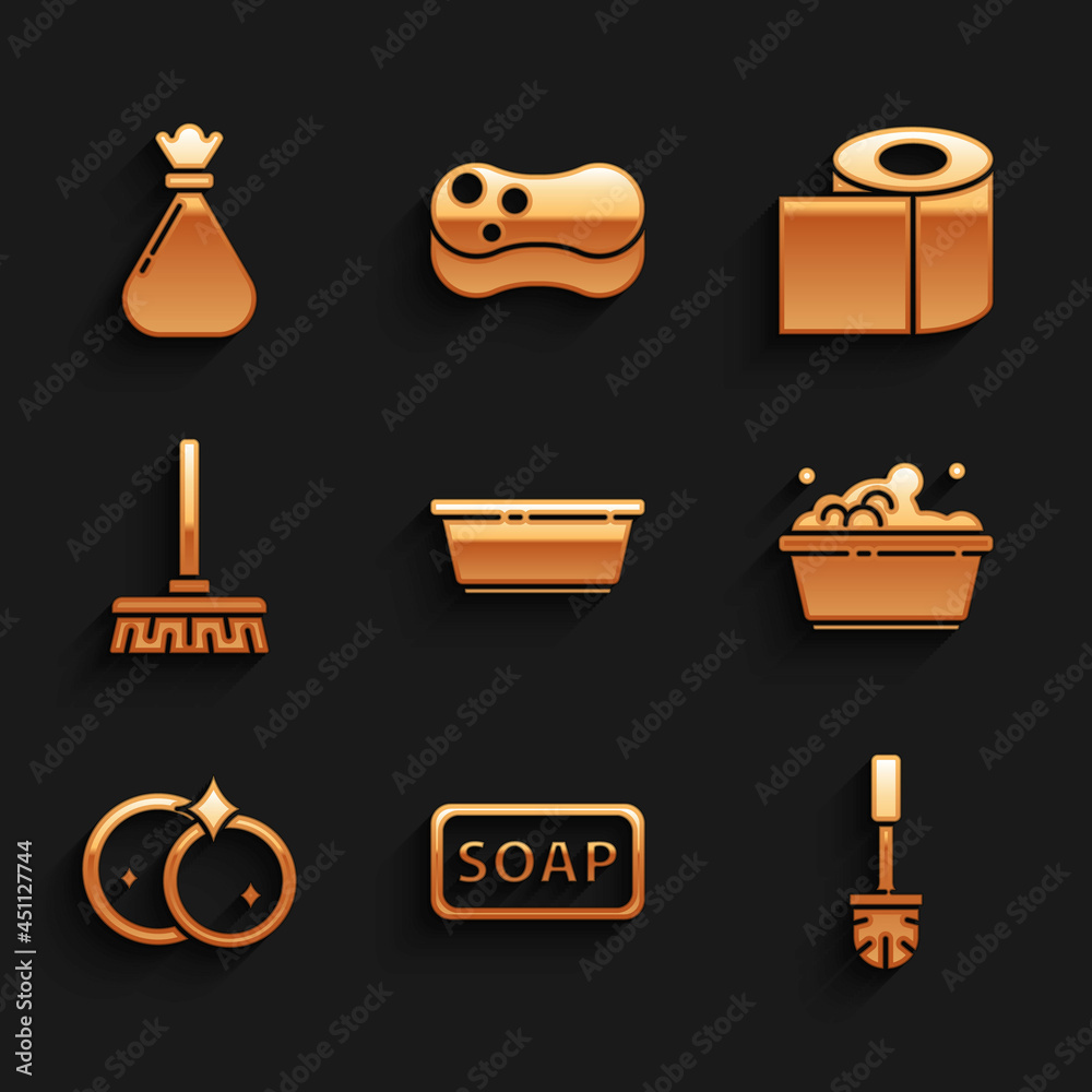 Set Plastic basin, Bar of soap, Toilet brush, with suds, Washing dishes, Handle broom, paper roll and Garbage bag icon. Vector Set Plastic basin, Bar of soap, Toilet brush, with suds, Washing dishes, Handle broom, paper roll and Garbage bag icon. Vector