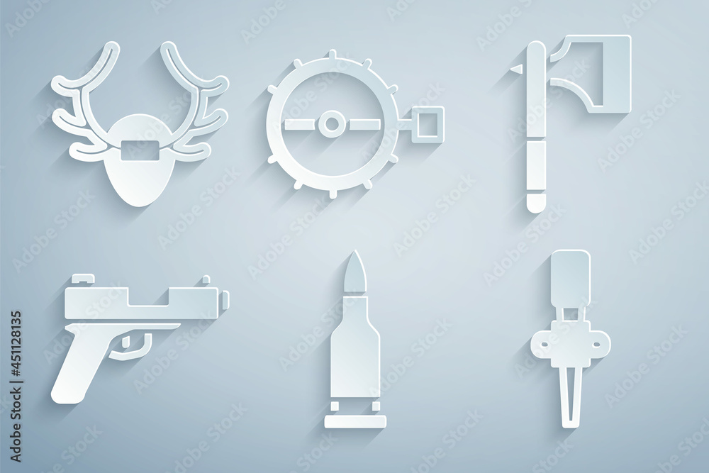 Set Bullet, Wooden axe, Pistol or gun, Torch flame, Trap hunting and Deer antlers on shield icon. Vector