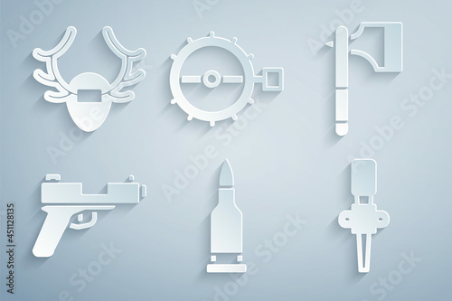 Set Bullet, Wooden axe, Pistol or gun, Torch flame, Trap hunting and Deer antlers on shield icon. Vector