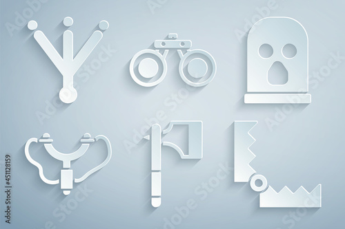 Set Wooden axe, Balaclava, Slingshot, Trap hunting, Binoculars and Bird footprint icon. Vector