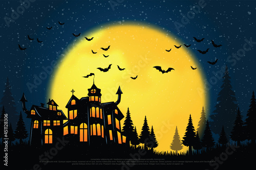 Castle, haunted house and ghost hands, tomb on full moon night. illustrator Vector Eps 10.