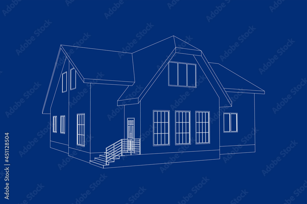 3D suburban house model. Drawing of the modern building. Cottage project on blue background. Interesting vector blueprint. 3D suburban house model. Drawing of the modern building. Cottage project on blue background. Interesting vector blueprint.