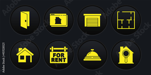 Set House, plan, Hanging sign with For Rent, Hotel service bell, Garage, Online real estate house, Search and Closed door icon. Vector