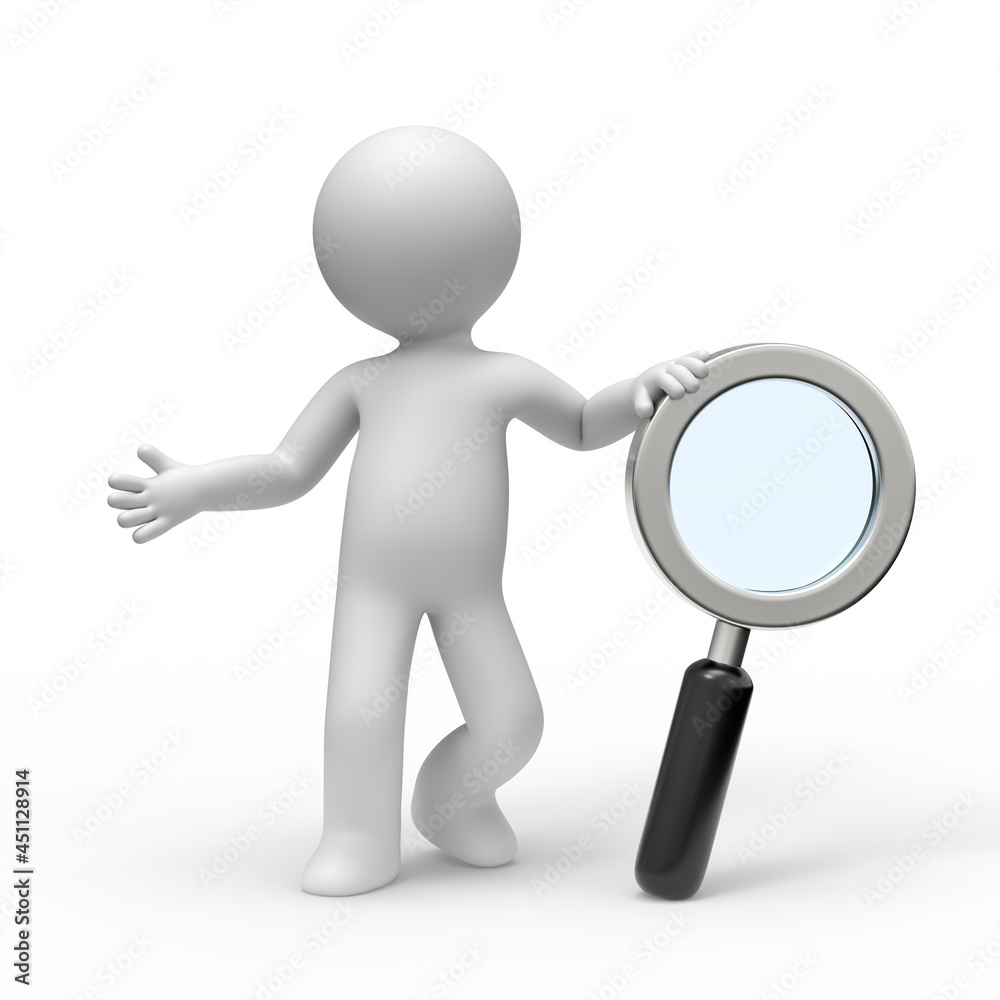 3d man standing with a magnifying glass. 3d man standing with a magnifying glass.