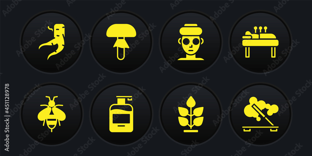Set Bee, Acupuncture therapy, Bottle of liquid soap, Plant, Facial cosmetic mask, Mushroom, Scented spa stick and Ginger root icon. Vector Set Bee, Acupuncture therapy, Bottle of liquid soap, Plant, Facial cosmetic mask, Mushroom, Scented spa stick and Ginger root icon. Vector