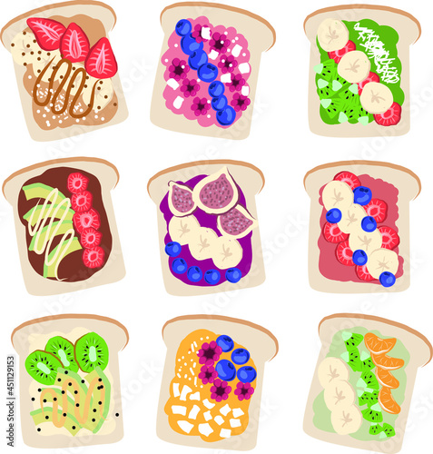 Set of sweet breakfast toast with fruit and nuts
