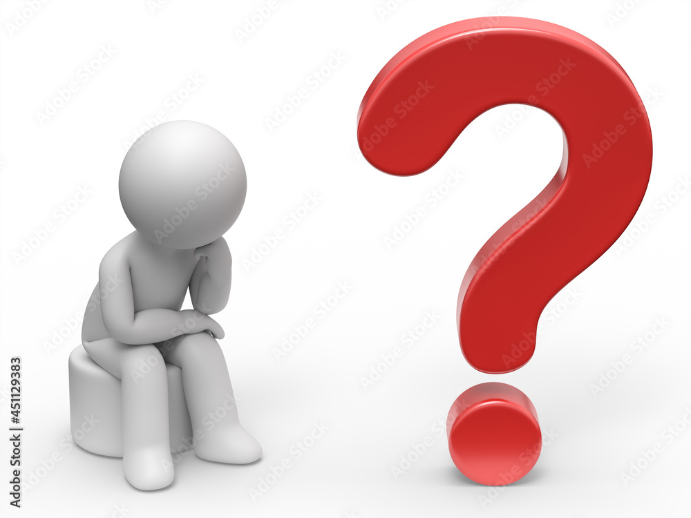 3d man thinks with a big question mark beside. 3d man thinks with a big question mark beside.