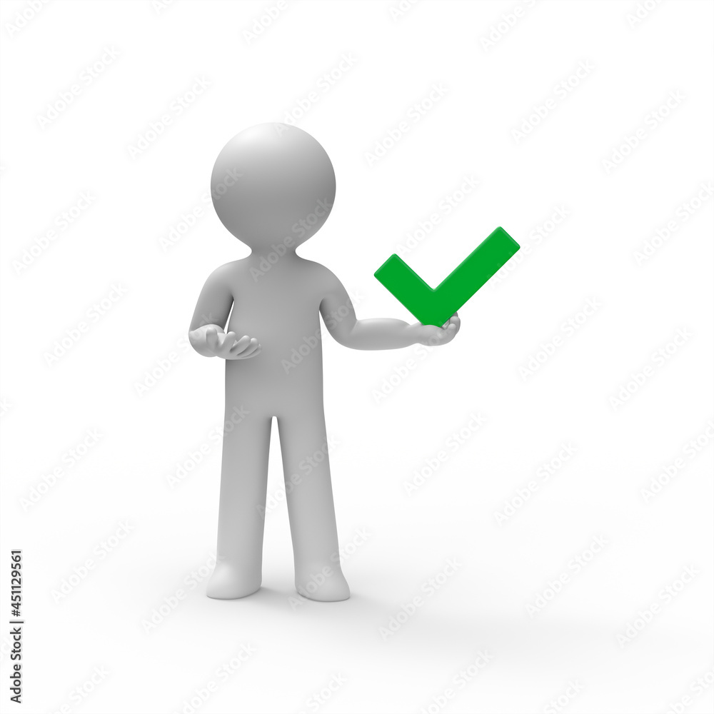 3d man holds a check mark in his hand. 3d man holds a check mark in his hand.