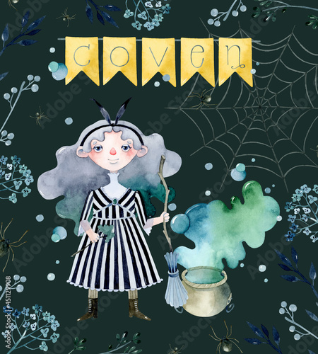 Coven witch with cauldron watercolor poster template	