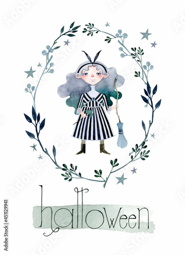 Halloween witch in floral frame watercolor illustration template with lettering