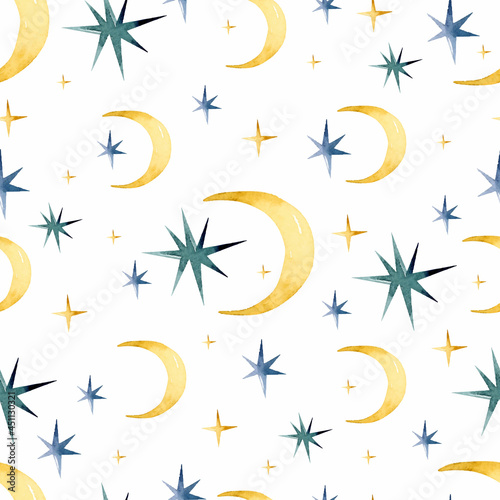 Magic moon and stars watercolor seamless pattern 