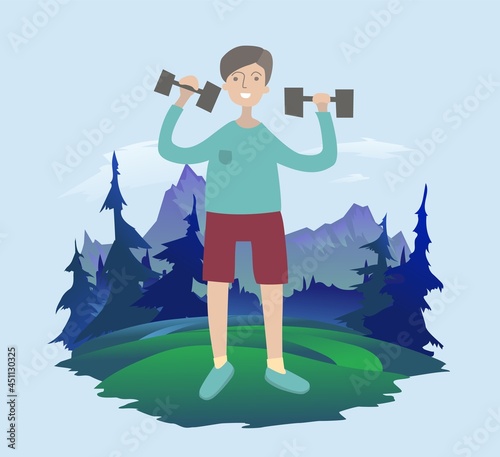 A young man does exercises with dumbbells in the fresh air, mountain landscape in the background. Healthy lifestyle, outdoor activities. Vector illustration.