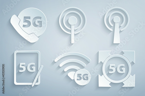 Set 5G network, Antenna, Graphic tablet with, and Phone icon. Vector