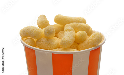 Corn puffs, finger food. On a white background.