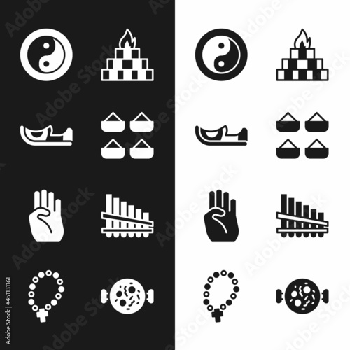 Set Indian spice, shoes, Yin Yang, Yagna, symbol hand, Pan flute, Chicken tikka masala and Rosary beads religion icon. Vector