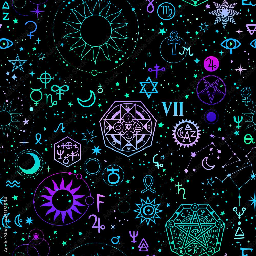 seamless illustration of magical bright alchemical and cosmic signs
