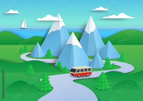 Traveling camper van going down mountain road, vector paper cut illustration. Sea coast landscape. Tourism, road trip.